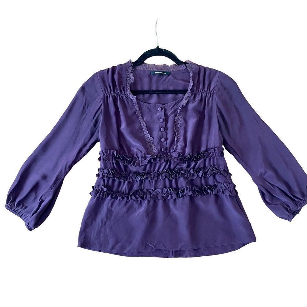 Nanette lepore 100% silk purple ruffled lace trim blouse size 0 - Picture 2 of 10